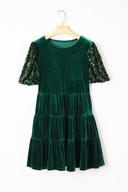 Evergreen Sequin Puff Sleeve High Waist Tiered Velvet Mini Dress