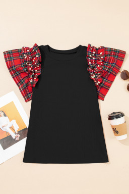 Black Pearl Plaid Ruffle Sleeve Loose T Shirt