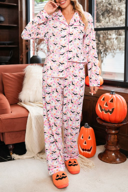 Pink Cute Floral Halloween Ghost Print Long Pajama Set