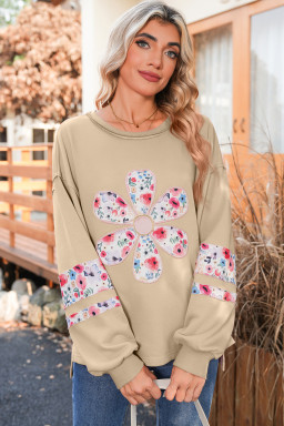 Pale Khaki Flower Applique Patchwork Drop Sleeve Pullover Sweatshirt
