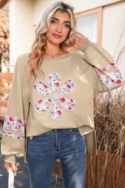 Pale Khaki Flower Applique Patchwork Drop Sleeve Pullover Sweatshirt