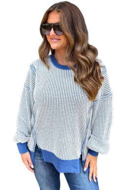 Dark Blue Waffle Knit Exposed Stitching Casual Top