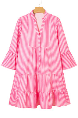 Pink Stripe Flare Sleeve Half Placket Tiered Flowy Mini Dress