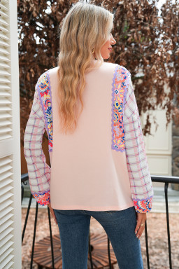 Delicacy Ricrac Trim Floral Plaid Patchwork Puff Sleeve Top