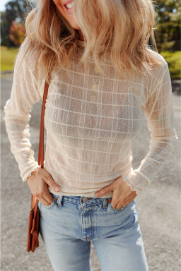White Sheer Plaid Lettuce Trim Long Sleeve Top
