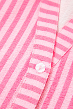 Pink Stripe Flare Sleeve Half Placket Tiered Flowy Mini Dress