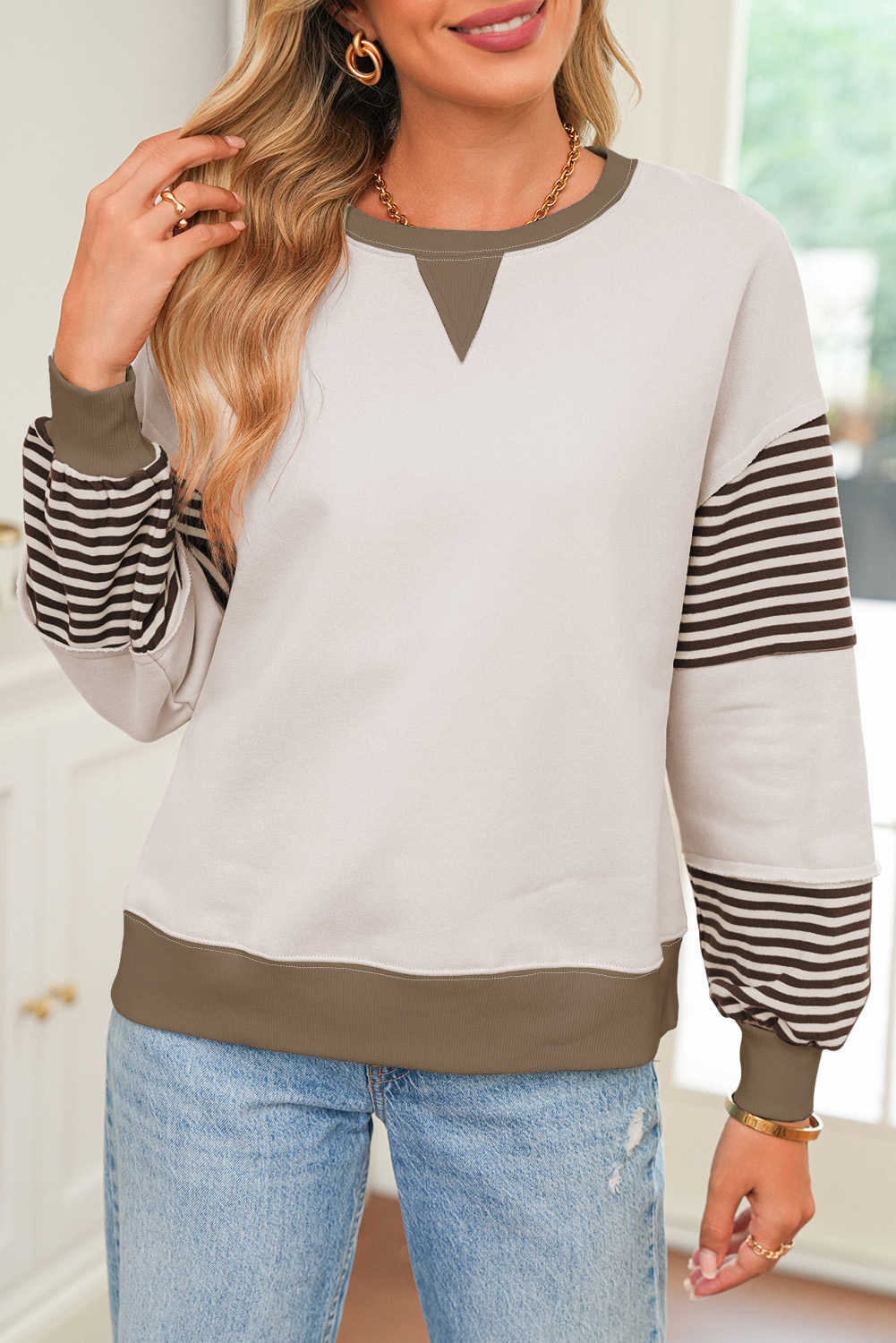Parchment Colorblock Patchwork Striped Sleeve Sweatshirt