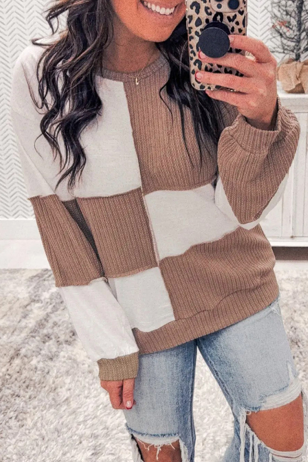 Dark Khaki Colorblock Checkered Raw Seamed Pullover