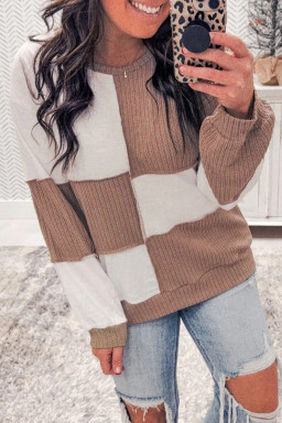 Dark Khaki Colorblock Checkered Raw Seamed Pullover