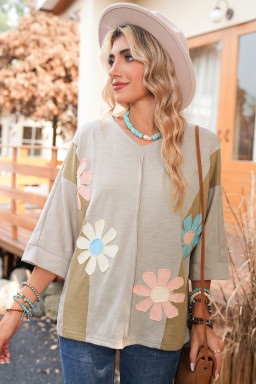 Green Flower Patched Exposed Seam 3/4 Sleeve top