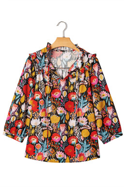 Black Floral Print 3/4 Puff Sleeve Frill Neck Blouse