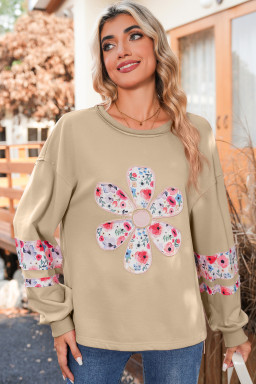 Pale Khaki Flower Applique Patchwork Drop Sleeve Pullover Sweatshirt