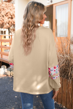 Pale Khaki Flower Applique Patchwork Drop Sleeve Pullover Sweatshirt