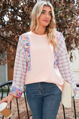 Delicacy Ricrac Trim Floral Plaid Patchwork Puff Sleeve Top