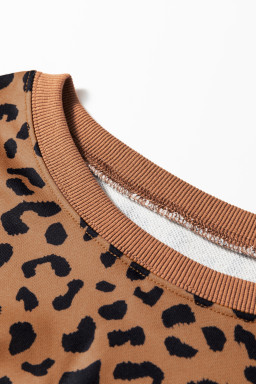 Khaki Striped Leopard Colorblock Side Slits Sweatshirt