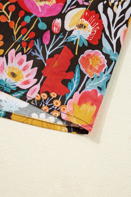 Black Floral Print 3/4 Puff Sleeve Frill Neck Blouse