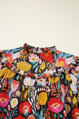 Black Floral Print 3/4 Puff Sleeve Frill Neck Blouse