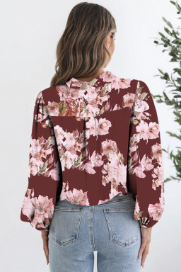 Brown Floral Puff Sleeve Lightweight Shirt