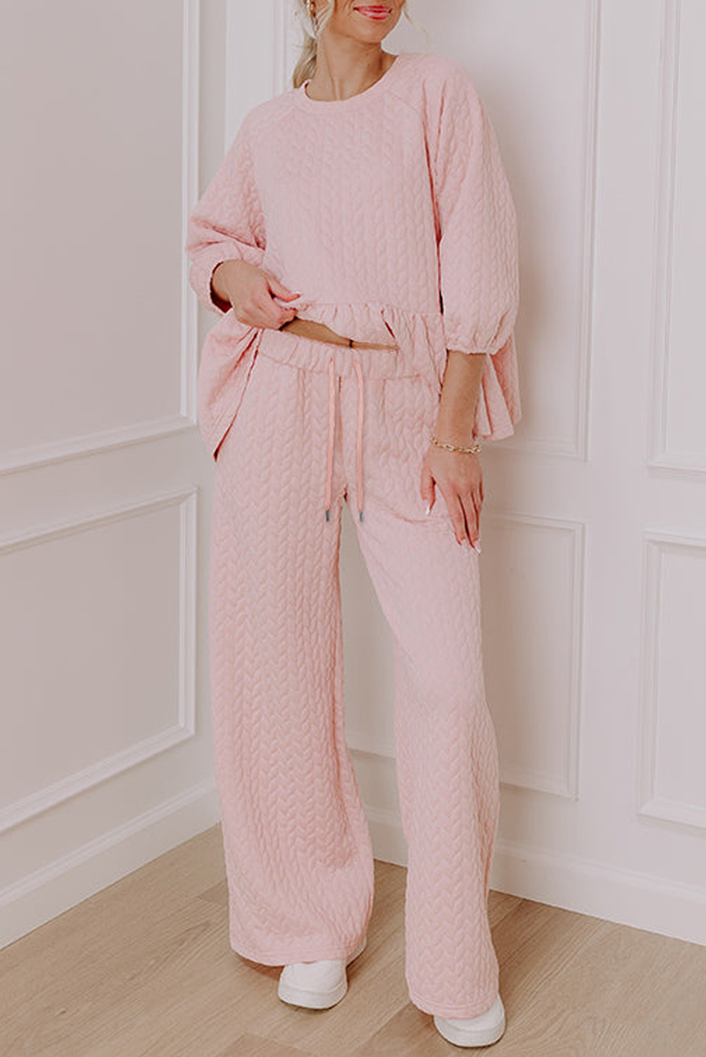 Delicacy Braided Texture Ruffle Hem Top Drawstring Loose Pants Set