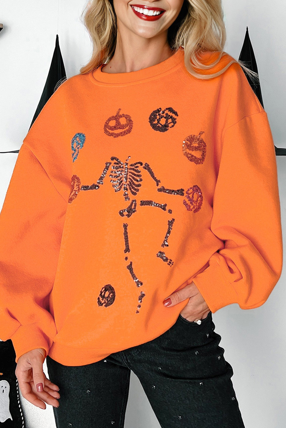 Carrot Dancing Skeleton Sequin Halloween Crewneck Sweatshirt