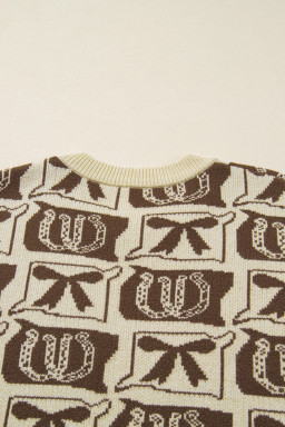 Brown Bow Horseshoe Print Checkered Plus Size Sweater