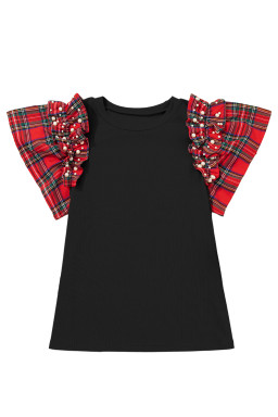 Black Pearl Plaid Ruffle Sleeve Loose T Shirt