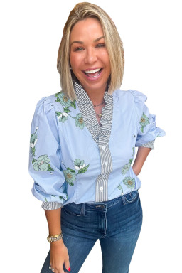 Sky Blue Floral Print Contrast Striped Trim Ruffle V Neck Blouse