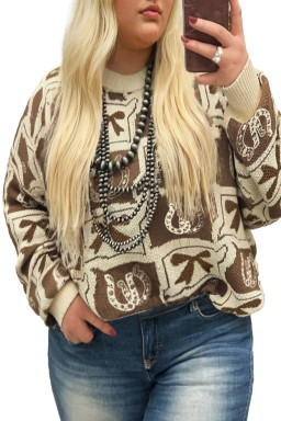Brown Bow Horseshoe Print Checkered Plus Size Sweater