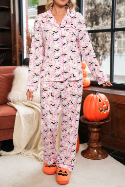 Pink Cute Floral Halloween Ghost Print Long Pajama Set