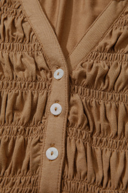 Cinnamon Smocked Bust Buttoned Split V Neck Flowy Blouse