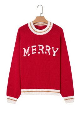 Fiery Red MERRY Pattern Colorblock Edge Drop Shoulder Cozy Sweater