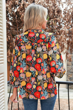 Black Floral Print 3/4 Puff Sleeve Frill Neck Blouse