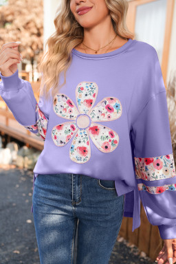 Wisteria Flower Applique Patchwork Drop Sleeve Pullover Sweatshirt