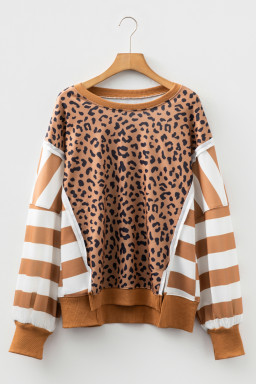 Khaki Striped Leopard Colorblock Side Slits Sweatshirt