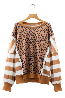 Khaki Striped Leopard Colorblock Side Slits Sweatshirt