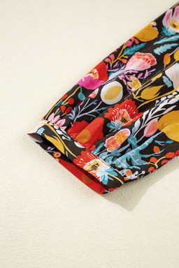 Black Floral Print 3/4 Puff Sleeve Frill Neck Blouse