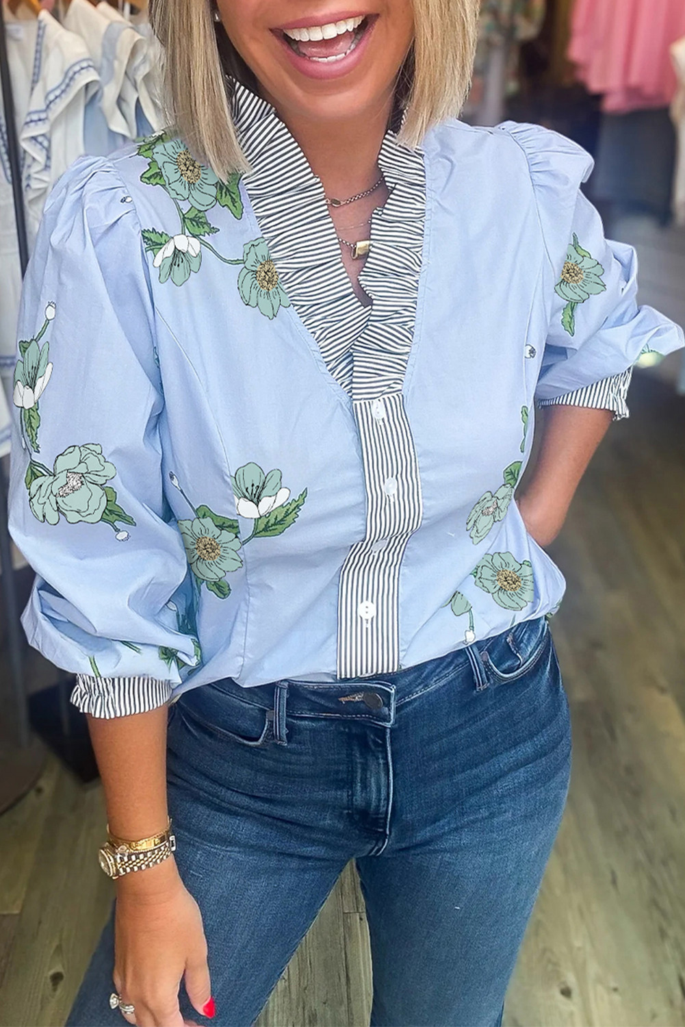 Sky Blue Floral Print Contrast Striped Trim Ruffle V Neck Blouse