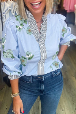 Sky Blue Floral Print Contrast Striped Trim Ruffle V Neck Blouse