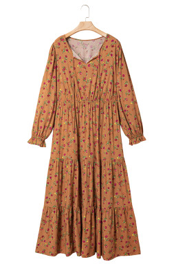 Brown Plus Size Floral Split V Neck Ruffled Sleeve Tiered Maxi Dress