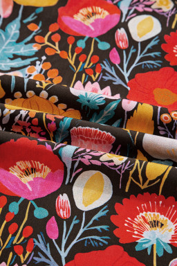 Black Floral Print 3/4 Puff Sleeve Frill Neck Blouse