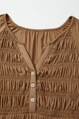 Cinnamon Smocked Bust Buttoned Split V Neck Flowy Blouse