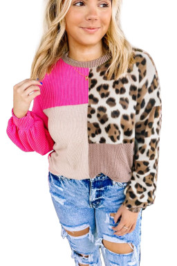 Rose Red Twisted Ribbed Colorblock Leopard Patchwork Plus Size Top