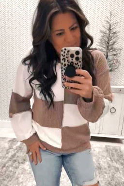 Dark Khaki Colorblock Checkered Raw Seamed Pullover