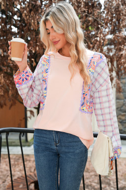 Delicacy Ricrac Trim Floral Plaid Patchwork Puff Sleeve Top