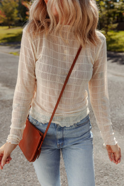 White Sheer Plaid Lettuce Trim Long Sleeve Top