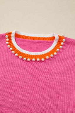 Sachet Pink Contrast Collar Pearl Decor Sweater