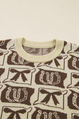 Brown Bow Horseshoe Print Checkered Plus Size Sweater