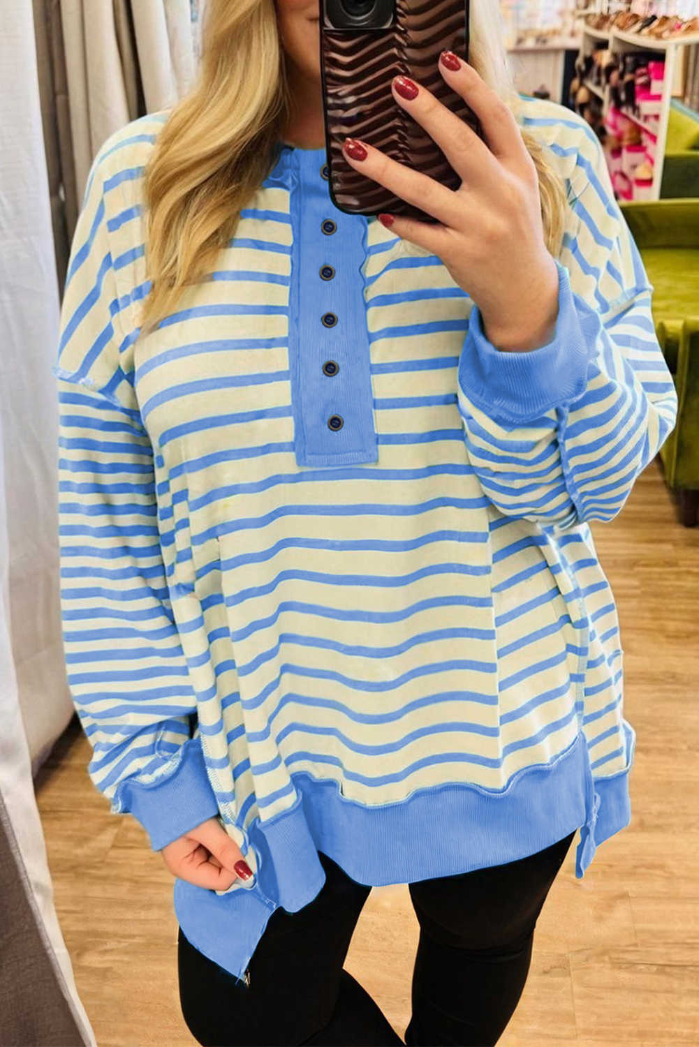Sky Blue Striped Oversized Drop Shoulder Plus Henley Sweatshirt