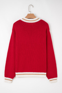 Fiery Red MERRY Pattern Colorblock Edge Drop Shoulder Cozy Sweater