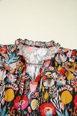 Black Floral Print 3/4 Puff Sleeve Frill Neck Blouse
